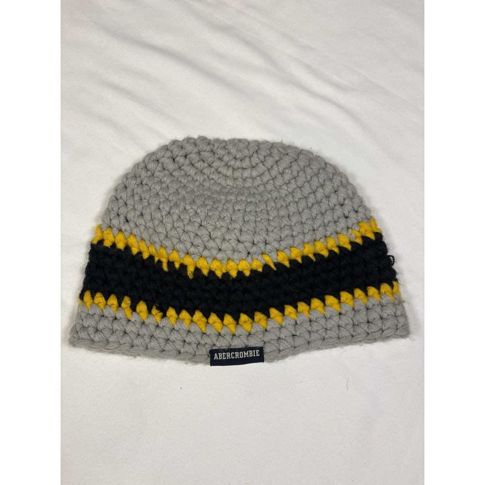 VTG Abercrombie Fitch Crochet Knit Beanie Hat Gray Black Yellow Striped Y2K